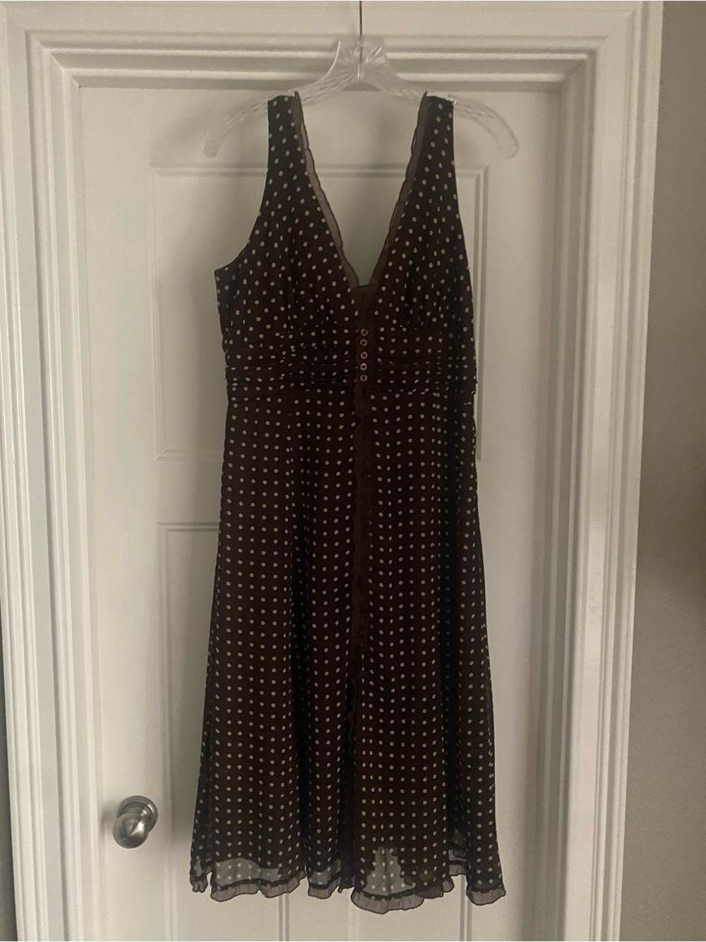 Brown Polka Dot V-Neck Midi Dress with Button Front